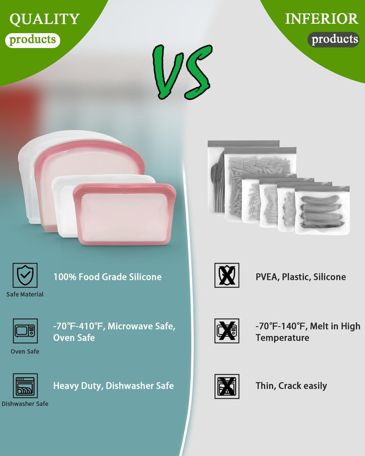 Reusable Silicone Storage Bags, 4Pack Snack Sandwich Sandwich Bags, Endurables Seal-Top Silicone Bags for Food Storage, Freezer, Microwave, Oven, Dishwasher Safe (Clear & Rose Quartz)