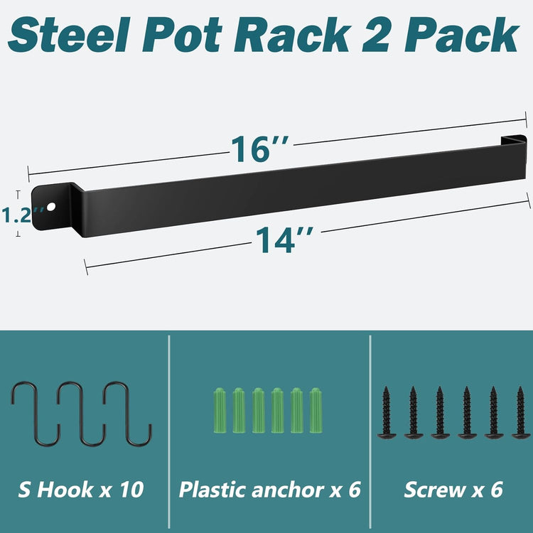 2 Pack Steel-made Kitchen Utensil Rack Organizer Wall-mounted Pot Pans Wall Hanger Holder for Coffee Mug Rack Cup Hanging Kitchen Black with 10 S Hooks
