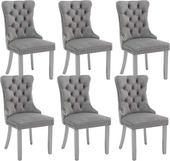 Velvet Dining Chairs Set of 6, Kitchen & Dining Room Chairs, Upholstered Dining Chairs with Back Ring Pull and Silver Solid Wood Legs, Modern Tufted Kitchen Chairs for Dining Room, Light Grey