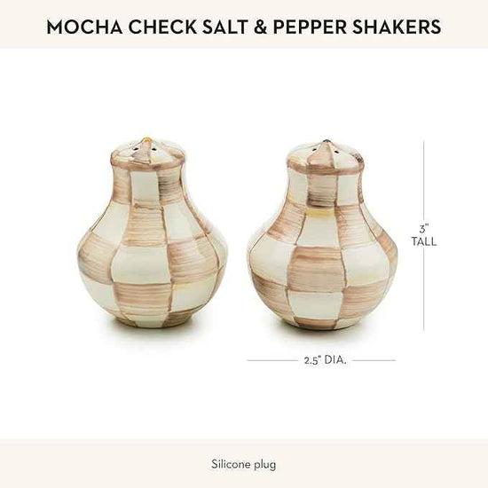 MACKENZIE-CHILDS Enamel Salt and Pepper Shakers, Kitchen Table Spice Shaker Set, Brown-and-White Mocha Check, Small