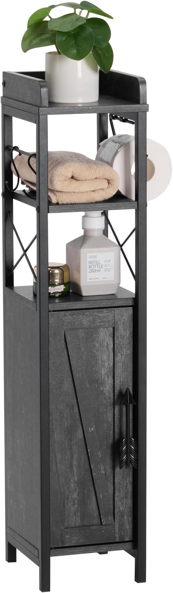 VECELO Small Bathroom Cabinet, Slim Toilet Paper Holder with Magnetic Door&2 Shelves, Narrow Storage Organizer for Bathroom Restroom Tiny Space, Fenced Top Waterproof Board, Coal Grey