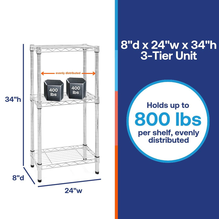 Shelving Inc. 8" d x 24" w Chrome Wire Shelving with 3 Tier Shelves (3 Count)