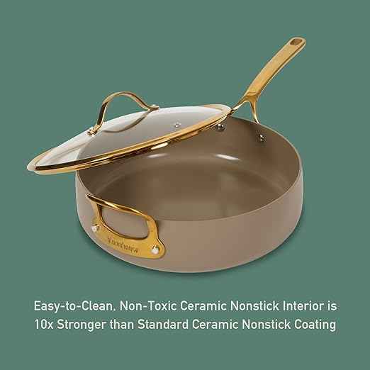 Bloomhouse - Two Time Oprah's Favorite Things Winner - 6 QT Heavy Duty Aluminum Premium PFA Free Ceramic Nonstick Saute/Deep Frying Pan Skillet with Lid - Cappuccino Cream with Gold Handle