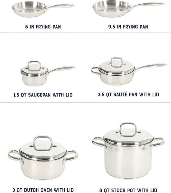 Oster Platinum Sedwick Stackable Stainless Steel Pots and Pans Cookware Set W/Domed Stainless Steel Lids W/TriPly Encapsulated Base - Induction Safe