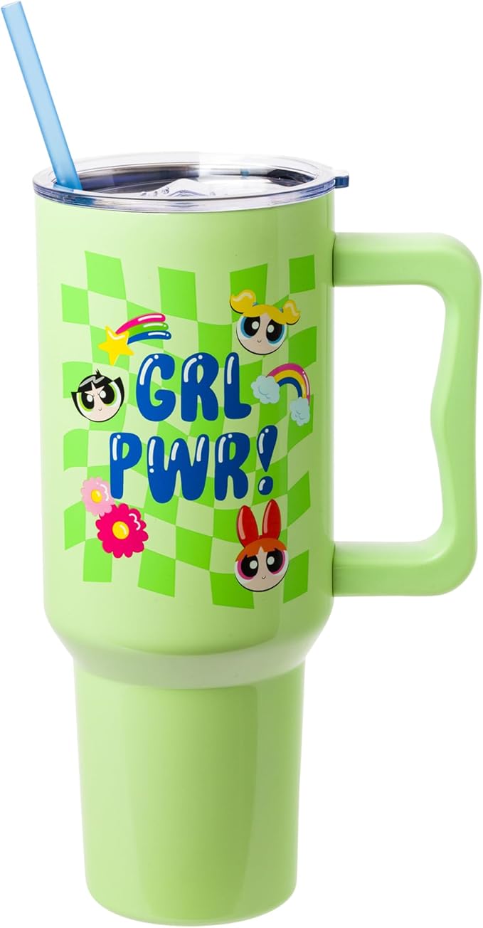 Silver Buffalo Powerpuff Girls Girl Power Groovy Retro Featuring Blossom, Bubbles, and Buttercup Double Walled Stainless Steel Tumbler with Handle and Straw, Fits in Standard Cup Holder, 40 Ounces