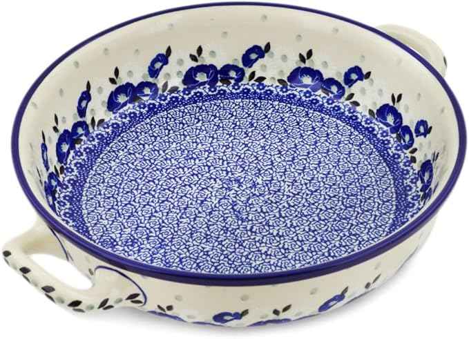 Polmedia Polish Pottery Round Baker with Handles 10-inch - Eternal Winter Pattern Handmade in Boleslawiec Poland by Ceramika Artystyczna + Certificate of Authenticity