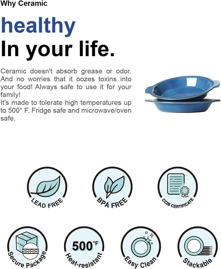 LE TAUCI Ceramic Pie Pans, 9 inch Baking Plates with Handles, Deep Pie Dish for Apple Pie, Pecan Pie, 36 Ounce - Set of 2, Ceylon Blue