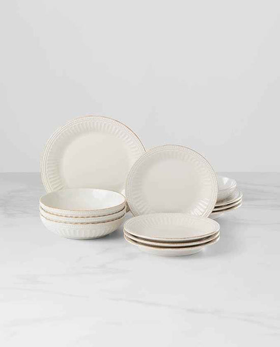 Lenox 891196 French Perle Groove White 12-Piece Pasta Bowl Dinnerware Set, Service For 4