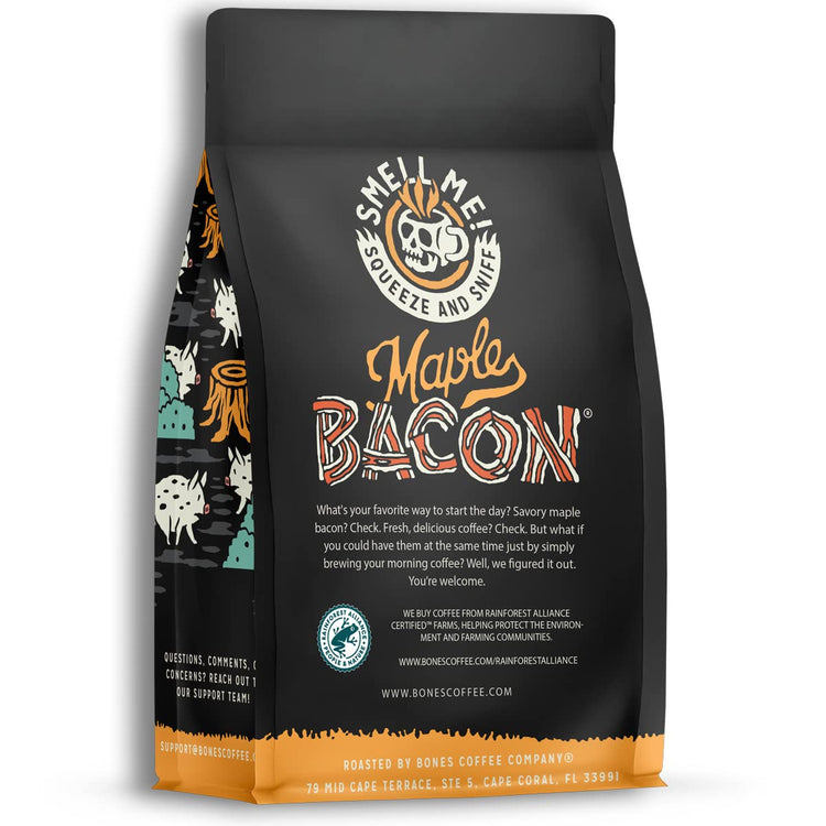 Bones Coffee Company Maple Bacon, Bacon and Maple Syrup Flavored Coffee, Medium Roast Low Acid Arabica Beans Compatible with Auto drip and French Press Coffee Maker, 12 Oz Ground