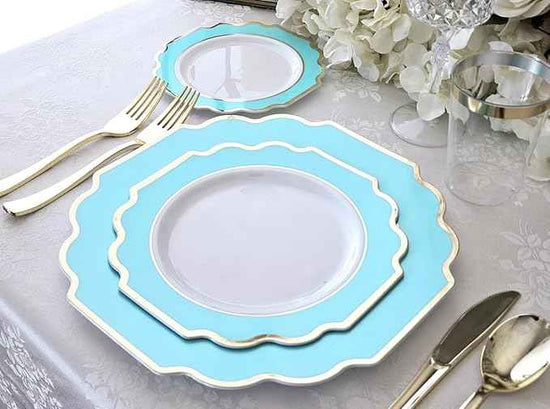 " OCCASIONS " 640 Piece set (80 Guests)-Heavyweight Wedding Party Disposable Plastic Plate Set - 80 x 10.5'' + 80 x 8''+Silverware+12oz Cups+Napkins (Imperial Aqua & Silver)