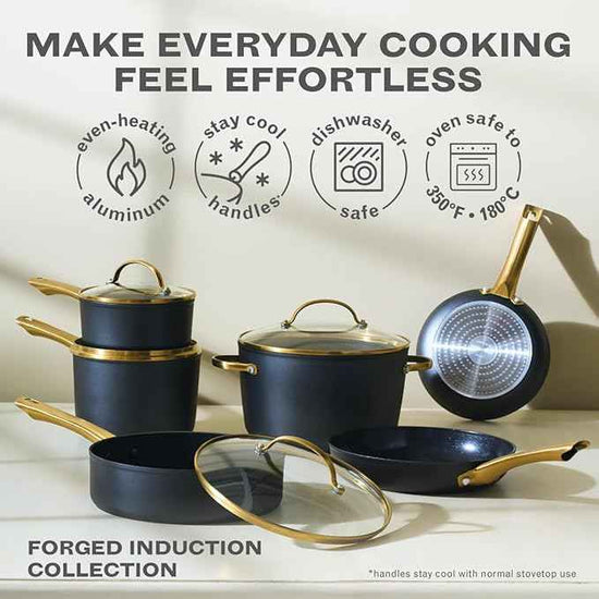 Farberware Forged Induction Ceramic Nonstick Pots and Pans Set with Lids and Kitchen Cooking Tools - Dishwasher Safe, Suitable for All Stovetops, 12 Piece Cookware Set - Black and Gold