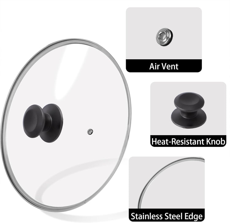 10.25 inch Tempered Glass Lid for Pots, Frying Pans and Skillets, Replacement Cover with Heat Resistant Black Knob Handle, Dishwasher Safe
