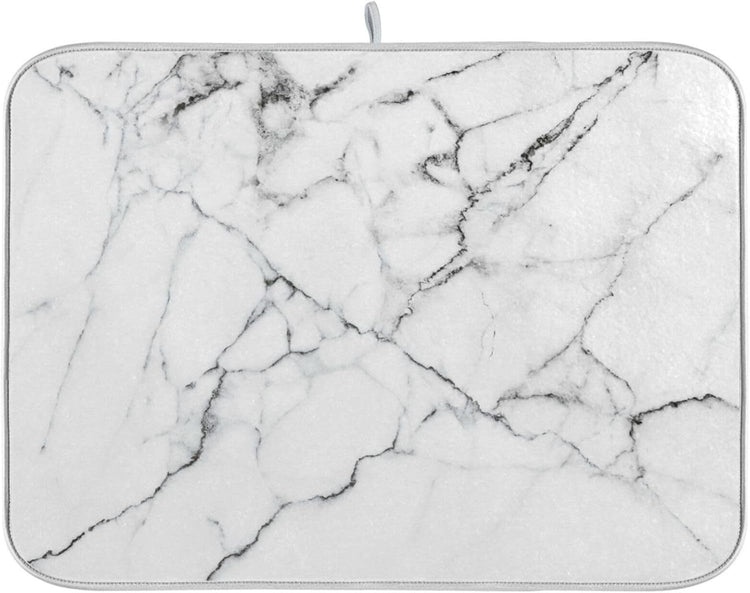 White Grey Marble Dish Drying Mat for Kitchen Counter Absorbent Microfiber Drying Pad, Medium 16x18 in, Reversible Drainer Mats
