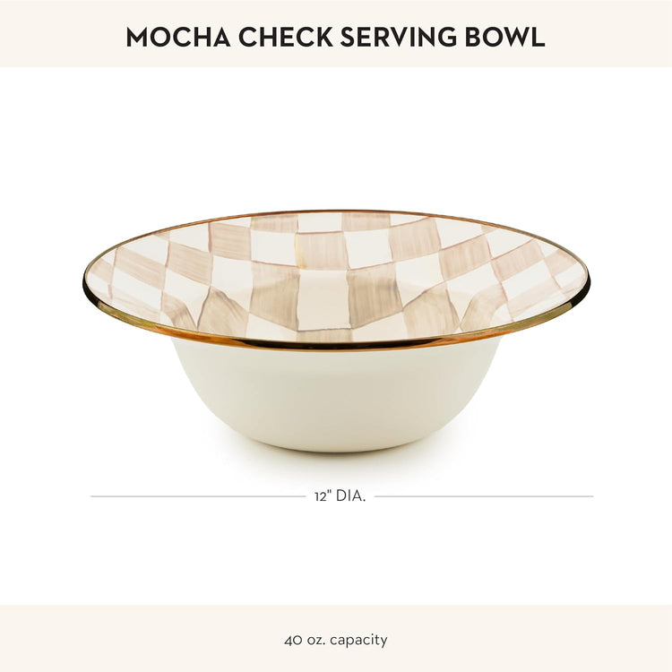 MACKENZIE-CHILDS Enamel Serving Bowl, Enamel Serveware Bowl, 12 Inches, Brown-and-White Mocha Check