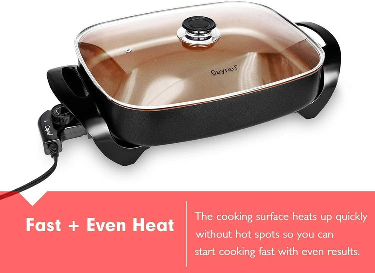 Caynel Professional Non-stick Copper Electric Skillet Jumbo, Deep Dish with Tempered Glass Vented Lid, Upgrade Thermostat, 16”x 12”x 3.15”- 8 quart