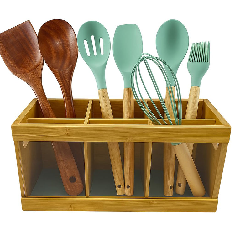 Wooden Utensil Holder Organizer with 6 Compartments