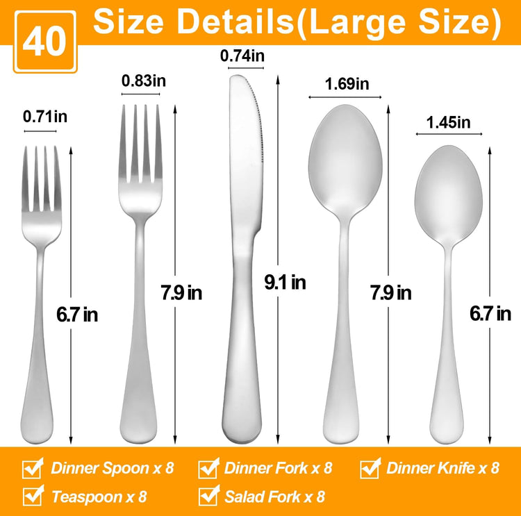 Lazycorner Silverware Set for 8, 40-Piece Food Grade Stainless Steel Flatware Set Include Fork/Knife/Spoon, Mirror Polished Eating Utensils Sets, Reusable Silverwear Cutlery Set, Dishwasher Safe