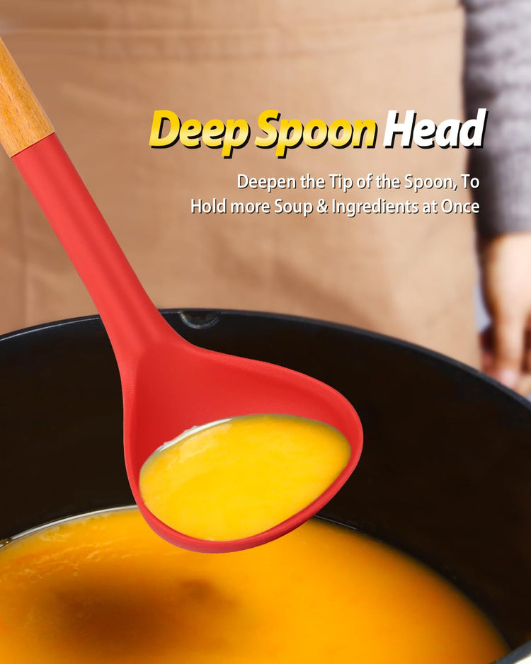 Silicone Pasta Fork and Ladle Spoon Set with Wooden Handle (2 Count)