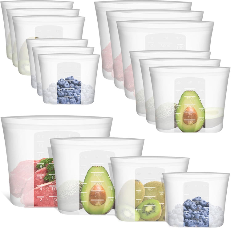 Reusable Storage Bag, 12 Pack 100% Silicone Food Storage Bags Stand Up Zip Lock Bags for Food, Freezer Microwave Oven Dishwasher Safe, 3 Extra Large(0.8 Gallon) 3 Medium 3 Small 3 X-Small, Translucent
