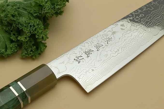 Yoshihiro Damascus SG2 (R2) Semi-Stainless Gyuto Chefs Knife (10.5'' (270mm), Stabilized Maple Burl Handle & Triple Ring)
