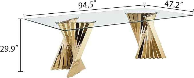 94" Modern Glass Gold Dining Table for 8-10, Luxury Kitchen Table with Tempered Glass Top & Mirror Finish Stainless Steel Base, Large Dinner Pedestal Tables for Home Banquet Hall Room, Only Table
