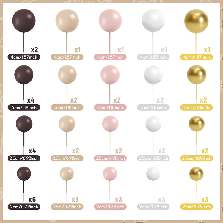 48 Pcs Balls Cake Topper Decorations Balloon Cupcake Toppers Foam Cake Topper Balls for Birthday Party Wedding Cake Decorating(Brown,White,Gold)
