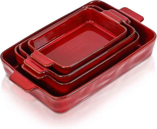VICRAYS Ceramic Bakeware Set, Porcelain Rectangular Lasagna Pans Casserole Dish Set for Baking, Cooking, Kitchen, Cake Dinner, Banquet and Daily Use, 4 PCS, Cherry Red(9.52"/11.06"/11.77"/14.56")