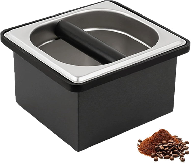 Espresso Knock Box, Coffee Knock Box for Espresso Grounds Disposal, Large Capacity, Equipped with Noise Reduction Rubber Ring & Steel Holder, Ideal Tool for Espresso Machines, Black (Small)