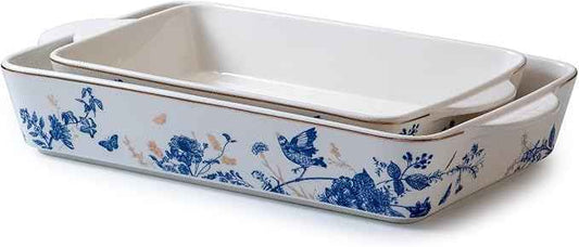 Baking Pans Set of 2 Blue flower 14 inch Ceramic for Oven Large Casserole Baking Dish Set with Handles Porcelain Bakeware Sets Casserole Dish for Oven/Cooking/Kitchen/Cake Dinner/Turkey/Pumpkin/Thanksgiving Holiday Gifts
