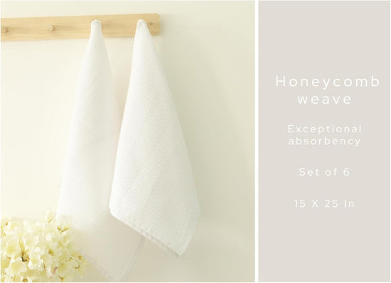 PurpleEssences Waffle Weave Kitchen Towel, 100% Cotton - 15 x 25 Inches, with Hanging Loop Ultra Soft Absorbent Quick Drying Dish Cloth, Tea and Hand Towels, 6 Pack - Spring Summer - White - Nestoria