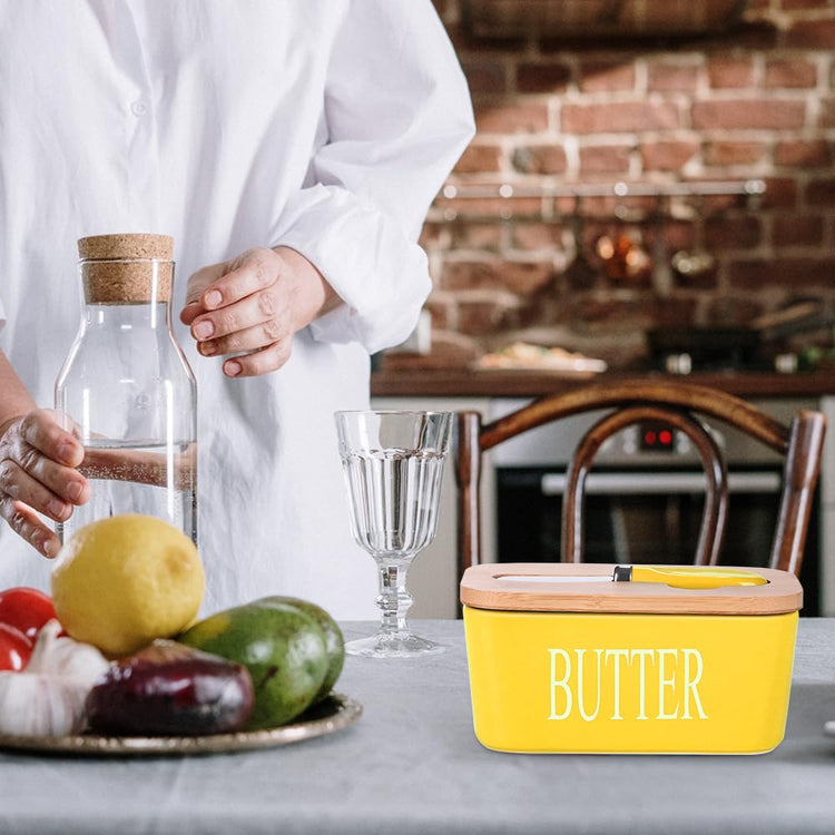 Ceramic Butter Dish with Bamboo Lid and Stainless Steel Knife Spreader