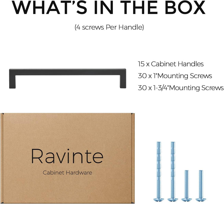 Ravinte 15 Pack Solid 6-1/4 Inch Center to Center Slim Square Bar Drawer Handles - Cabinet Hardware Pulls in Matte Black for Kitchen and Drawers