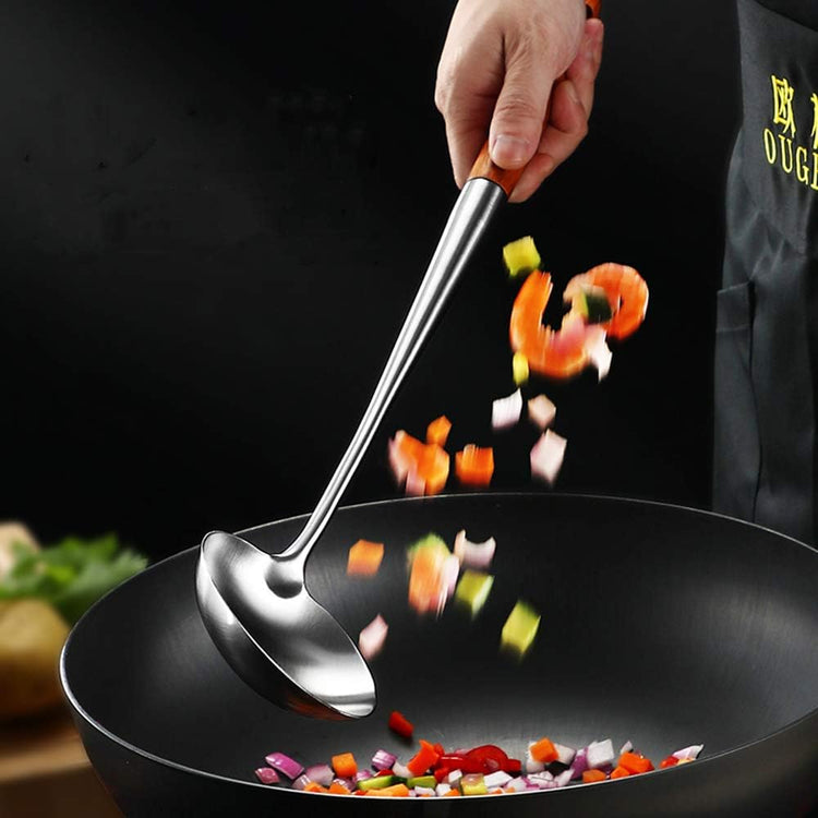 FJNATINH Soup Ladle, 17inches Ladle for wok, 304 Stainless Steel Soup Spoon Cooking Spoon for Kitchen with Wooden Handle
