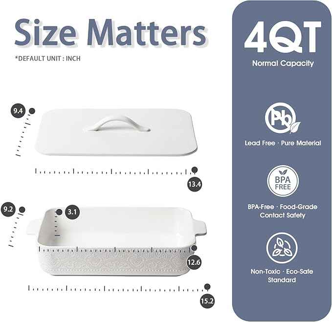 Casserole Dish with Lid, Ceramic 9x13 Casserole Dish for Oven, Rectangular Bakeware, Large Baking Dish with Handles for Holiday Cooking, Roasting, Baking, Oven & Microwave Safe (White)