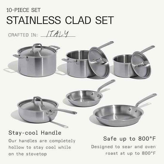 Made In Cookware | 10 Piece Stainless Steel Pot and Pan Set | 5 Ply Clad - Includes Stainless Steel Frying Pans, Saucepans, Saucier and Stock Pot W/Lid | Professional Cookware | Crafted in Italy