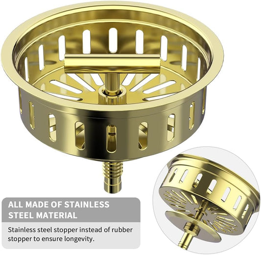 KONE 3-1/2 Inch Kitchen Sink Drain Assembly Stainless Steel Gold Kit with Strainer Basket/Rubber Stopper, Rustproof Durable Gold Finish Replacement for Standard Commercial Sink Drains