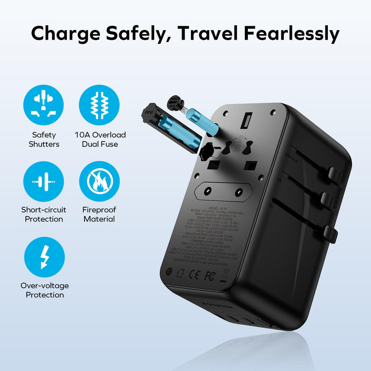 5-in-1 Universal Travel Adapter, GaN 140W International Power Adapter, 3 USB-C PD Fast Charging & 1 USB-A QC, 1 AC, All-in-one International Plug Adapter for Travel European UK AUS JP