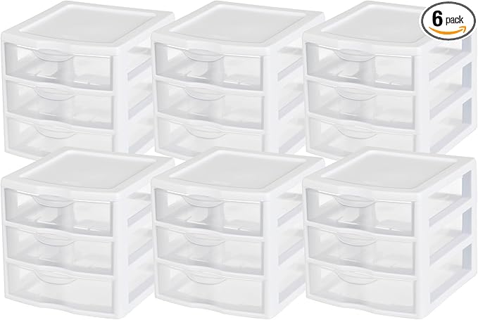 Sterilite Clearview Plastic Multipurpose Small 3 Drawer Desktop Storage Organization Unit for Home, Classrooms, or Office Spaces, White, 6 Pack