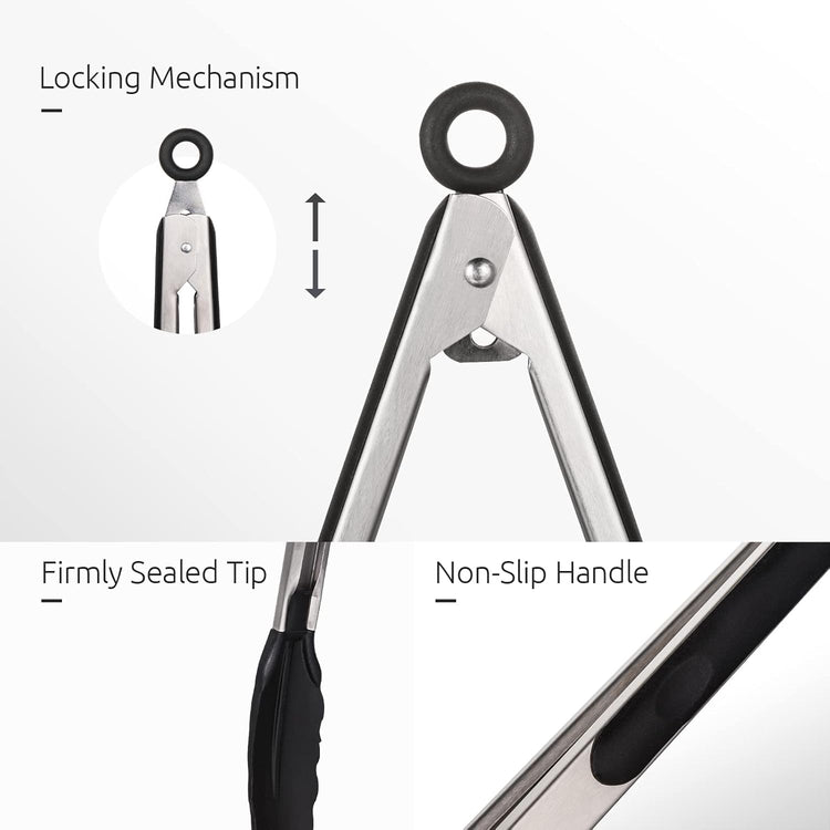 Kitchen Tongs, U-Taste 7/9/12 inches Cooking Tongs, with 600ºF High Heat-Resistant Non-Stick Silicone Tips, 18/8 Stainless Steel Handle, for Food Grill, Salad, BBQ, Frying, Serving, Pack of 3(Black)