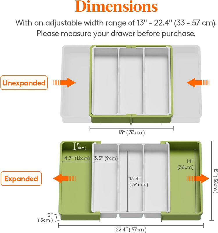Lifewit Utensil Organizer for Kitchen Drawers, Expandable Cooking Utensil Tray, Adjustable Cutlery Silverware Flatware Holder, Spatula Tools and Gadgets Storage Divider, 13"-22.4" x 15", Green&White