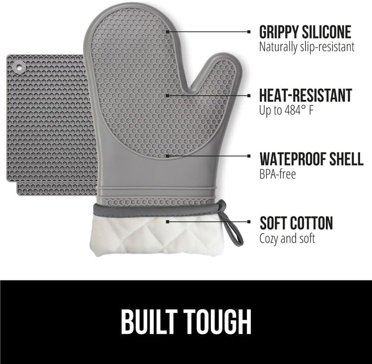 GORILLA GRIP BPA-Free Soft Silicone Oven Mitts and Pot Holders Sets of 4, Heat Resistant Waterproof Cooking Gloves, Thick Cotton Lining, Flexible Gripping for Baking Grilling, Kitchen Trivets, Gray