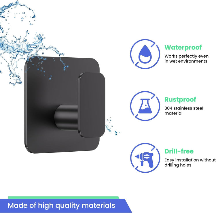 Black Hooks for Hanging Heavy Duty, Adhesive Hooks for Shower, Bathroom, Kitchen, Robe, Towel, Coat, Waterproof & Rustproof Hook for Walls No Damage, Stainless Steel Sticky Hook - 4 Pack