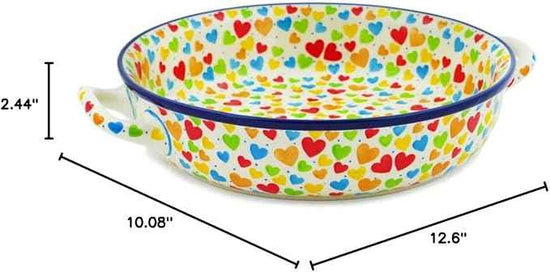 Polmedia Polish Pottery Round Baker with Handles 10-inch UNIKAT - In Love With Love Pattern Handmade in Boleslawiec Poland by Ceramika Artystyczna + Certificate of Authenticity