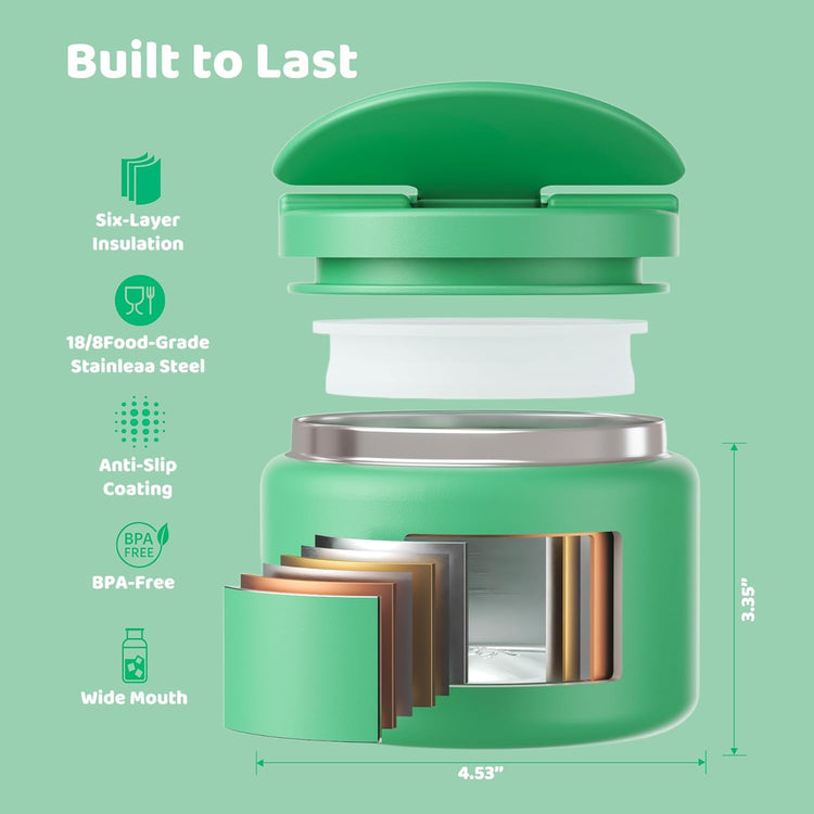 14.5oz Soup Thermo for Hot Food Kids Vacuum Insulated Food Jar Twist-Free Soup Thermo for Hot Food Kids Leakproof Stainless Steel Wide Mouth Lunch Container (Green)