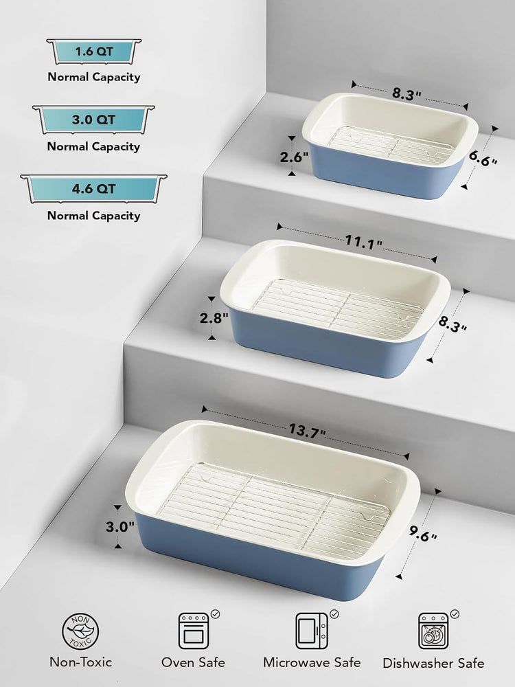 LE TAUCI Deep Casserole Dishes for Oven, 13.7”x9.6” Ceramic Baking Dish Set with Roasting Racks, Large Lasagna Pans with Handles, Rectangular Bakeware as Gift for Mom, Dusty Blue (4.6QT/3.0QT/1.6QT), Set of 3