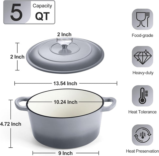 P&P CHEF 5QT Enameled Dutch Oven, Cast Iron Dutch Oven Pot with Lid for Bread Baking, Enameled Casserole Pot for Roasting Braising Stewing Frying Simmering, Various Stoves & Easy Clean, Grey - Nestoria