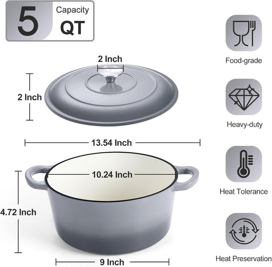 P&P CHEF 5QT Enameled Dutch Oven, Cast Iron Dutch Oven Pot with Lid for Bread Baking, Enameled Casserole Pot for Roasting Braising Stewing Frying Simmering, Various Stoves & Easy Clean, Grey - Nestoria
