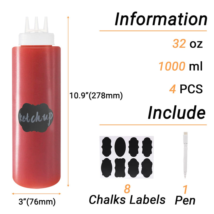 4 Pack 32 oz 1000 ml Plastic Squeeze Bottles 3 (4 Count)