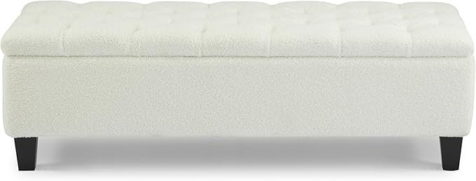 Christopher Knight Home Ottilie Boucle Fabric Storage Ottoman Bench, Wooden Rectangular Ottoman with Storage, Bedroom End of Bed Foot Stool, Entryway Ottoman Footrest, Living Room Extra Seat, White