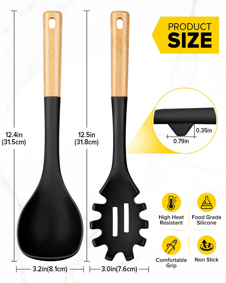 Silicone Soup Ladle and Spaghetti Spoon Set with Wooden Handle (2 Count)